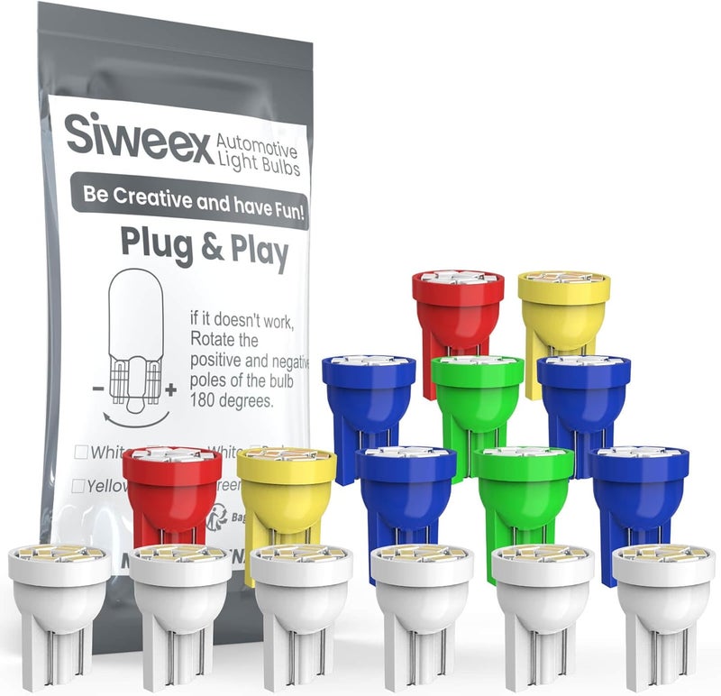 Siweex 194 LED Bulbs 2825 168 W5W T10 9SMD Replacement Bulb for Car Interior Dome Map Door Dashboard License Plate Lights, Pack of 16 (6 White, 2 Red, 2 Amber, 2 Blue,2 Green,2 Ice Blue) - Image 1